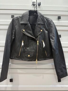 AllSaints Classic Black Elora Leather Moto Jacket with Gold Hardware